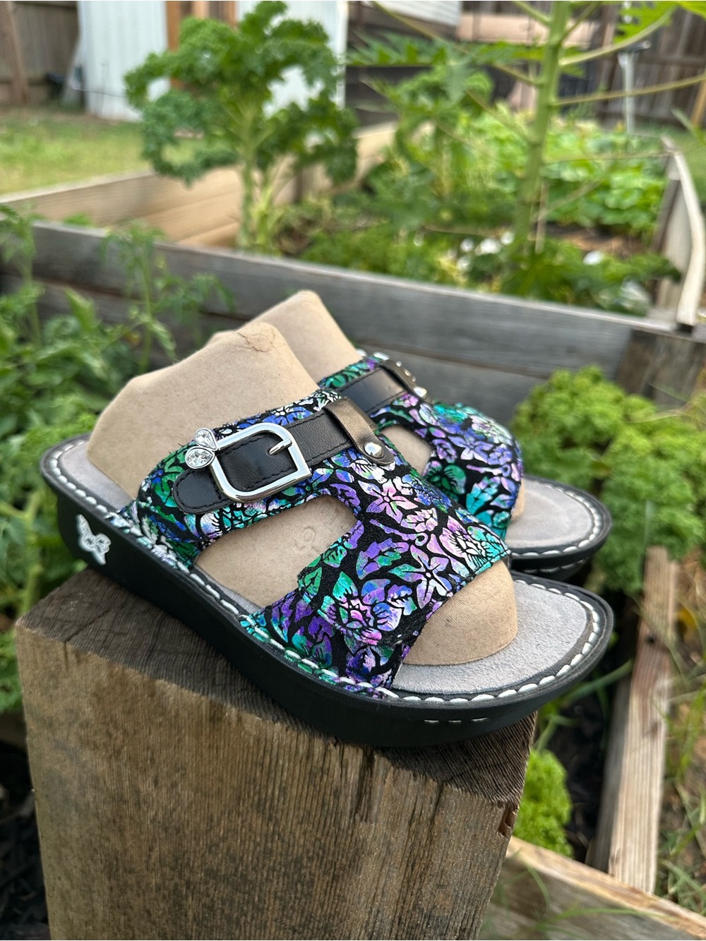 Alegria Peg-146 Sandals Hibiscus Blue Floral Leather Size 36 Women’s 6 6.5 Peggy